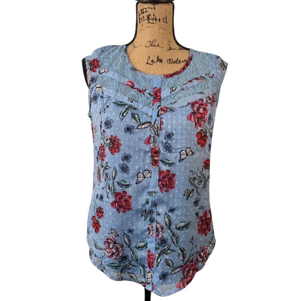 (C-87)Candie’s Women Floral Sleeveless Blouse Blue Lace Yoke Size S‎ Casual Top - Picture 2 of 10